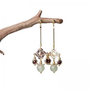 Garnet and Aventurine Folk Long Pendant Earrings