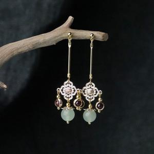 Garnet and Aventurine Folk Long Pendant Earrings