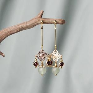 Garnet and Aventurine Folk Long Pendant Earrings