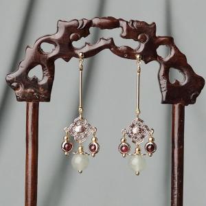 Garnet and Aventurine Folk Long Pendant Earrings