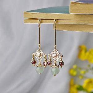 Garnet and Aventurine Folk Long Pendant Earrings