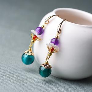 Ethnic Colored Glaze Bead Amethyst Long Earrings