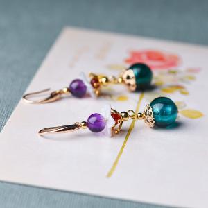 Ethnic Colored Glaze Bead Amethyst Long Earrings