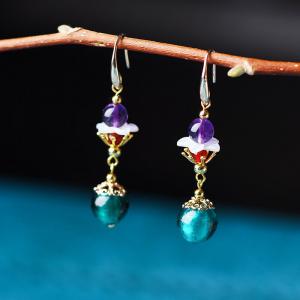 Ethnic Colored Glaze Bead Amethyst Long Earrings