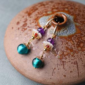 Ethnic Colored Glaze Bead Amethyst Long Earrings