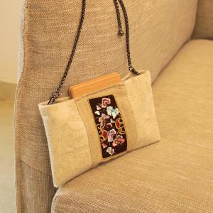 Metallic Strap Cotton Linen Embroidered Clutch Bag