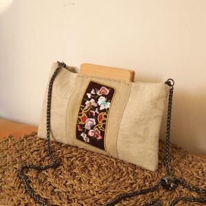Metallic Strap Cotton Linen Embroidered Clutch Bag