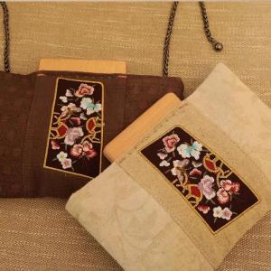 Metallic Strap Cotton Linen Embroidered Clutch Bag