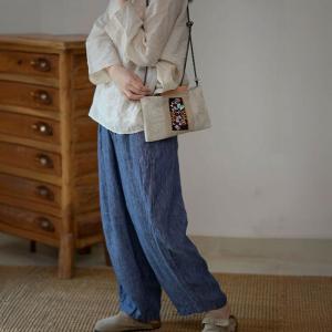 Metallic Strap Cotton Linen Embroidered Clutch Bag