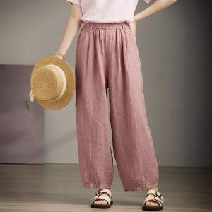 Elastic Waist Dusty Pink Linen Houndstooth Pants