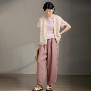 Elastic Waist Dusty Pink Linen Houndstooth Pants