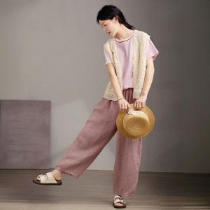 Elastic Waist Dusty Pink Linen Houndstooth Pants