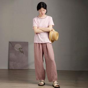 Elastic Waist Dusty Pink Linen Houndstooth Pants