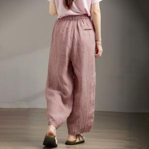 Elastic Waist Dusty Pink Linen Houndstooth Pants