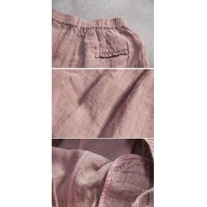 Elastic Waist Dusty Pink Linen Houndstooth Pants