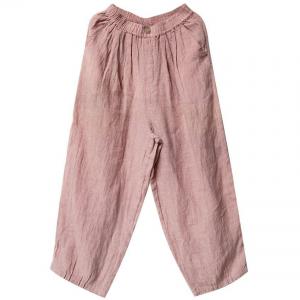 Elastic Waist Dusty Pink Linen Houndstooth Pants