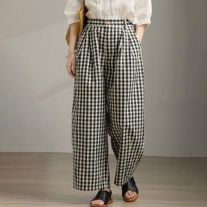 Rustic Chic Black Plaids Cotton Linen Loose Pants