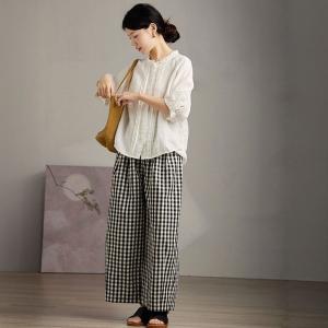 Rustic Chic Black Plaids Cotton Linen Loose Pants