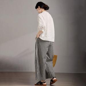 Rustic Chic Black Plaids Cotton Linen Loose Pants
