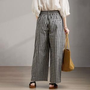 Rustic Chic Black Plaids Cotton Linen Loose Pants