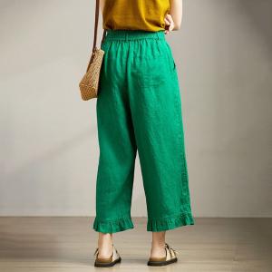 Ruffle Hem Green Linen High Rise Pants