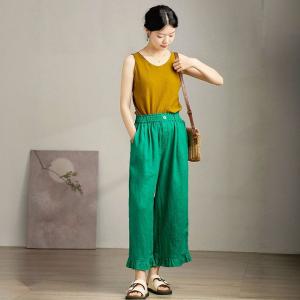 Ruffle Hem Green Linen High Rise Pants