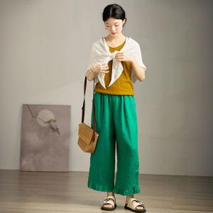 Ruffle Hem Green Linen High Rise Pants