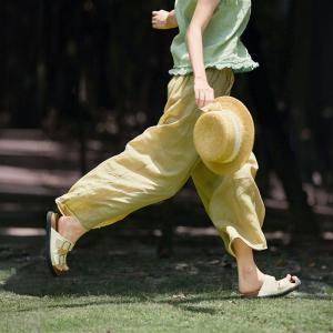 Tropical Drawstring Waist Ramie Palazzo Pants