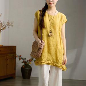 Summer Yellow Linen Ruffled Tunic