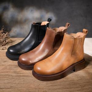 Chunky Heels Cowhide Korean Chelsea Boots