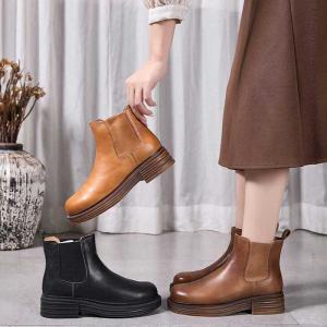 Chunky Heels Cowhide Korean Chelsea Boots
