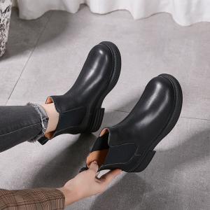 Chunky Heels Cowhide Korean Chelsea Boots