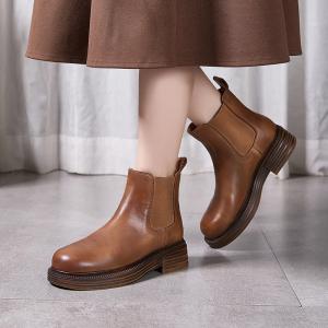 Chunky Heels Cowhide Korean Chelsea Boots