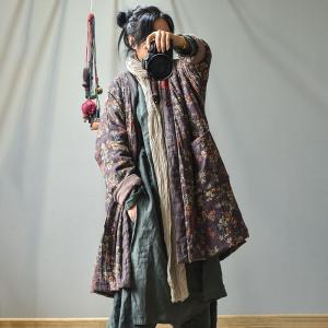 Oversized Oriental Printed Cotton Linen Patchwork Frog Button Tunic Coat