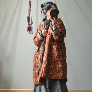 Oversized Oriental Printed Cotton Linen Patchwork Frog Button Tunic Coat