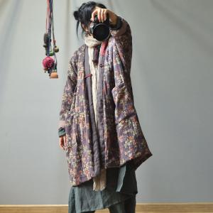 Oversized Oriental Printed Cotton Linen Patchwork Frog Button Tunic Coat