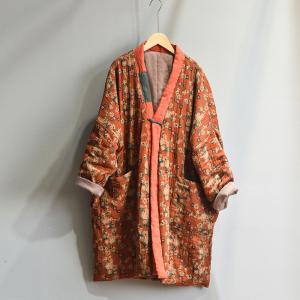 Oversized Oriental Printed Cotton Linen Patchwork Frog Button Tunic Coat