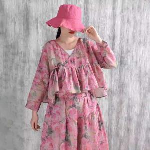 Pink Roses V-Neck Ruffled Tied Wrap Blouse