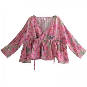 Pink Roses V-Neck Ruffled Tied Wrap Blouse