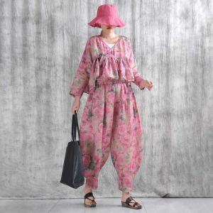 Pink Roses V-Neck Ruffled Tied Wrap Blouse