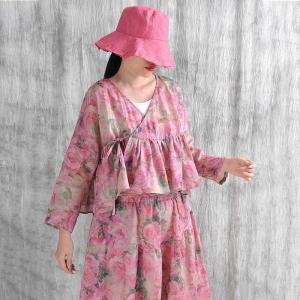 Pink Roses V-Neck Ruffled Tied Wrap Blouse