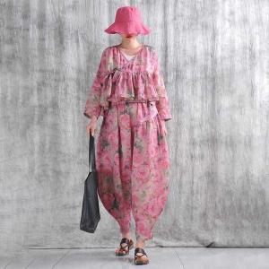 Elastic Waist Pink Roses Ramie Balloon Pants