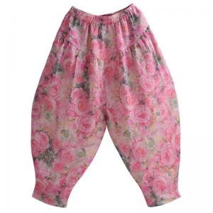 Elastic Waist Pink Roses Ramie Balloon Pants