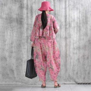Elastic Waist Pink Roses Ramie Balloon Pants