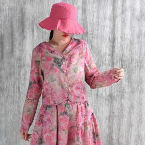 Button Down Pink Flowers Long Sleeves Blouse