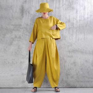 Crew Neck Yellow Linen Tailor-Made T-shirt
