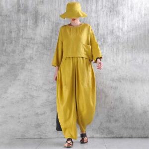 Crew Neck Yellow Linen Tailor-Made T-shirt