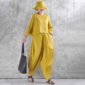 Crew Neck Yellow Linen Tailor-Made T-shirt