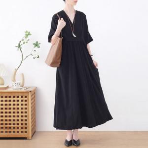 Modest Neutral Color High Waist Maxi Cotton Linen Dress