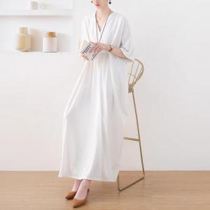 Modest Neutral Color High Waist Maxi Cotton Linen Dress